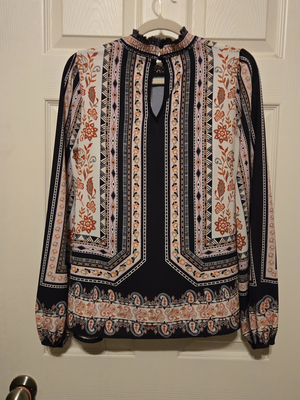 Vici Navy, Cream and Rust Printed Long-Sleeve Mock Neck Blouse - Picture 3 of 4